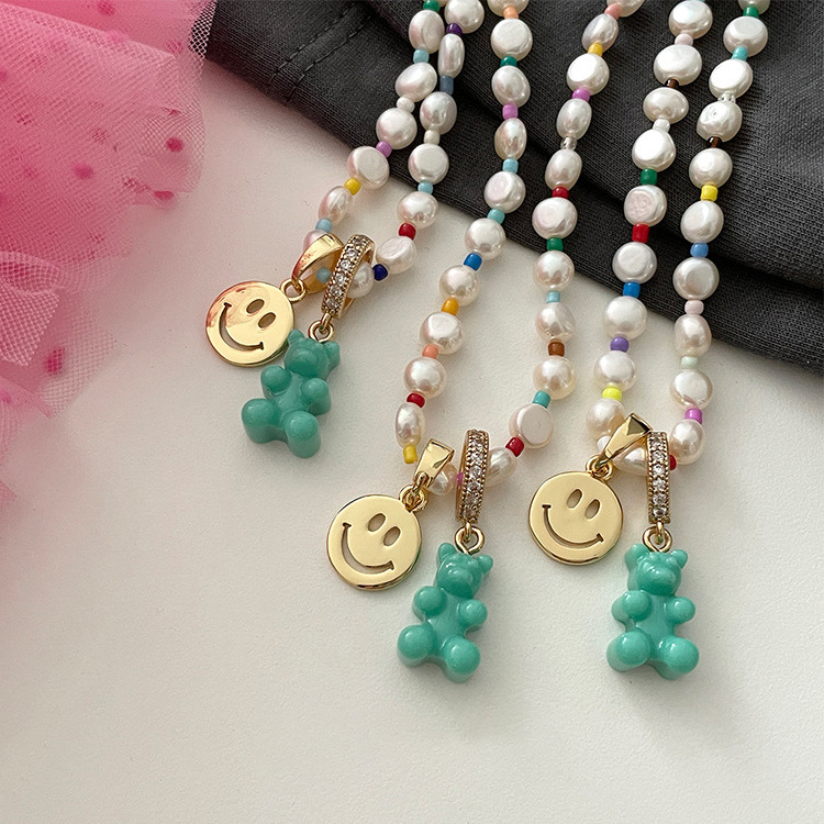 Fashion Bear Smiley Face Pearl Inlay Artificial Diamond Pendant Necklace 1 Piece