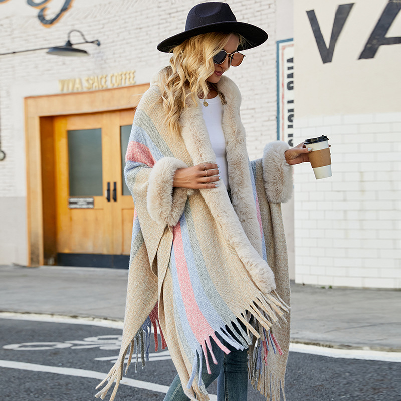 Cape à capuche châle à franges en tricot rayé pour femme_voghion.com