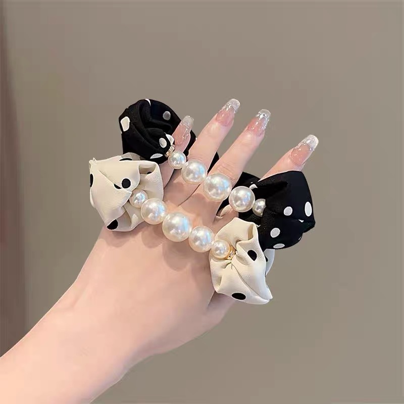 Perla punto de onda de anillo de pelo de intestino grueso temperamento femenino atado cuerda de pelo de bola simple atado cuerda de cabeza de banda de goma de cola de caballo alta y baja