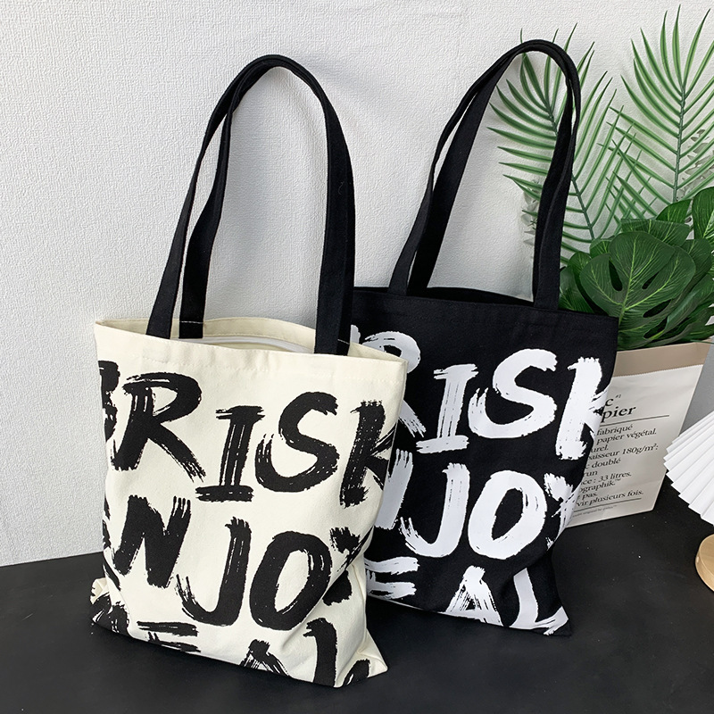 New Canvas Bag Large Capacity Women's South Korea Letter Simple All-match Shopping Bag with Zipper Shoulder Bag Handbag