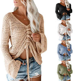 2022夏季亚马逊女装沙滩波西米亚风露肩镂空喇叭袖抽绳针织毛衣女