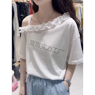 Korean Style 2025 Summer New Lace Design Slanted Shoulder Strap Short-Sleeved Top for Women 2025 New Off-Shoulder T-Shirt