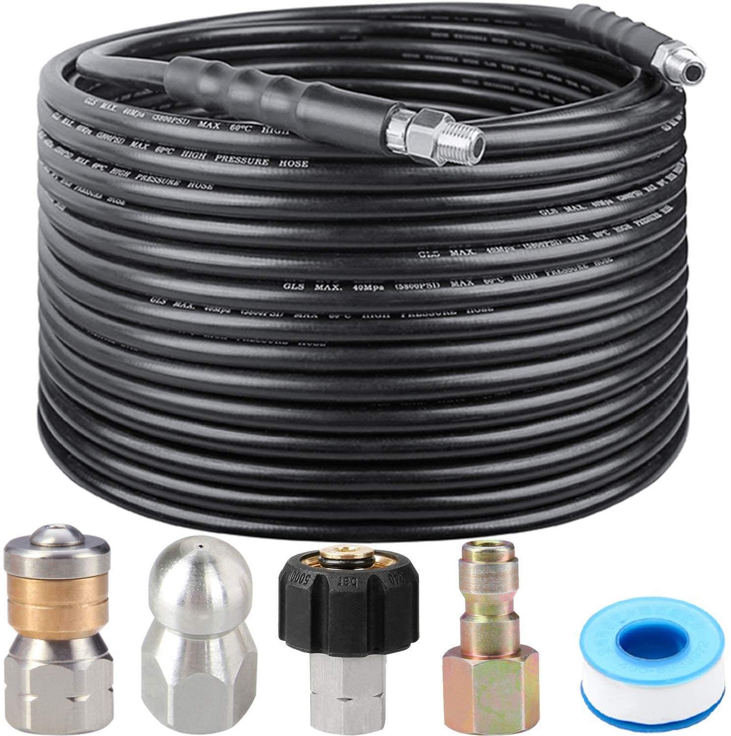 1/4寸30米 5800PSI高压清洗机下水道喷射器喷嘴套件 排水清洁软管