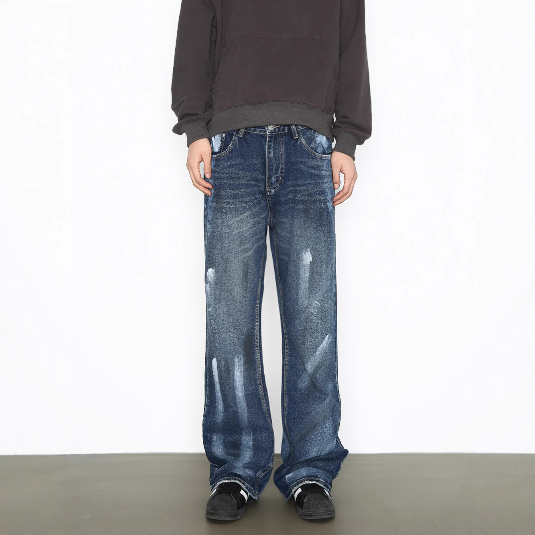 Hand-Painted American Style Straight-Leg Jeans For Men - Vintage Washed Denim Pants With Flared Hem, Comfortable Cotton Blend Fabric_mkmklike.com