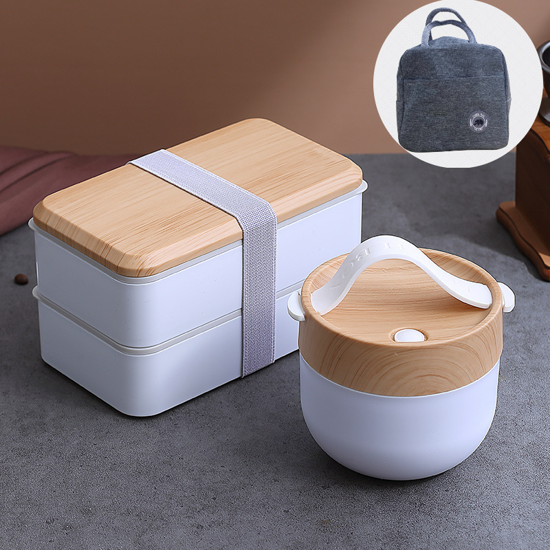 Caja de almuerzo de grano de madera traje de oficina chica estudiante caja de almuerzo portátil con tenedor cuchara en stock al por mayor horno de microondas