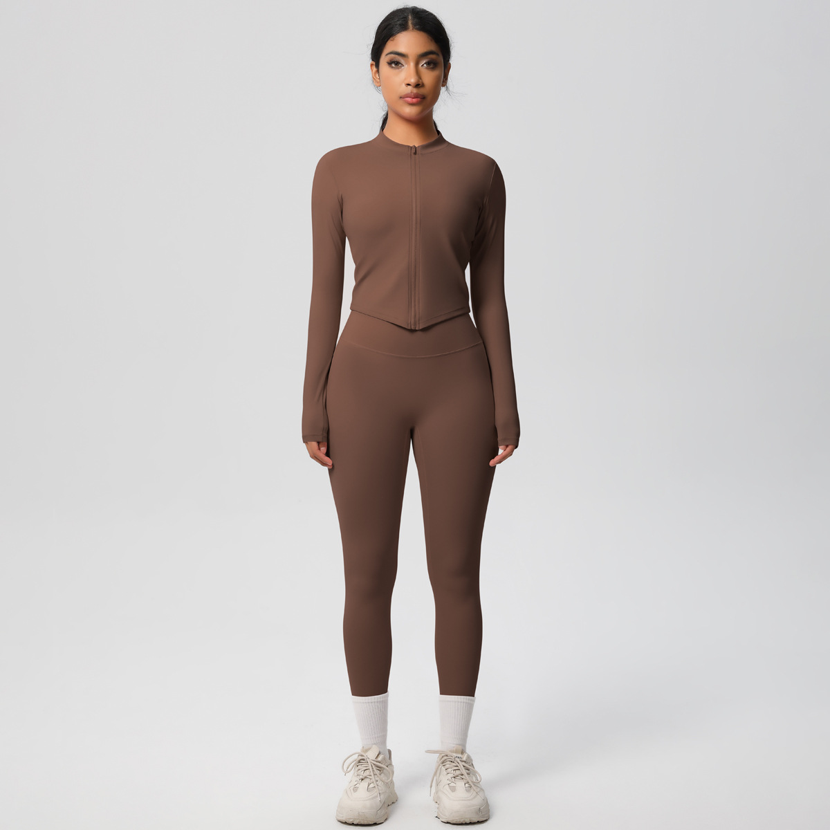 国境を越えた欧米の新型毛磨き裸感修身運動ファスナー長袖高腰ズボンセットフィットネスヨガセット