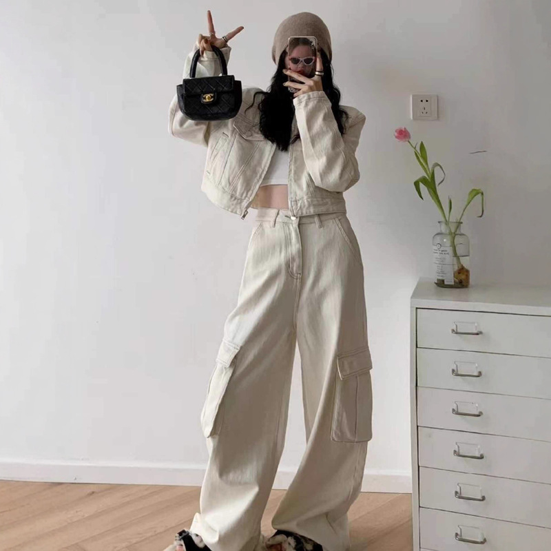 Spring and Autumn American Denim Suit for Women, Korean Style Loose Slimming Short Jacket, Workwear Wide-Leg Pants Two-Piece Set