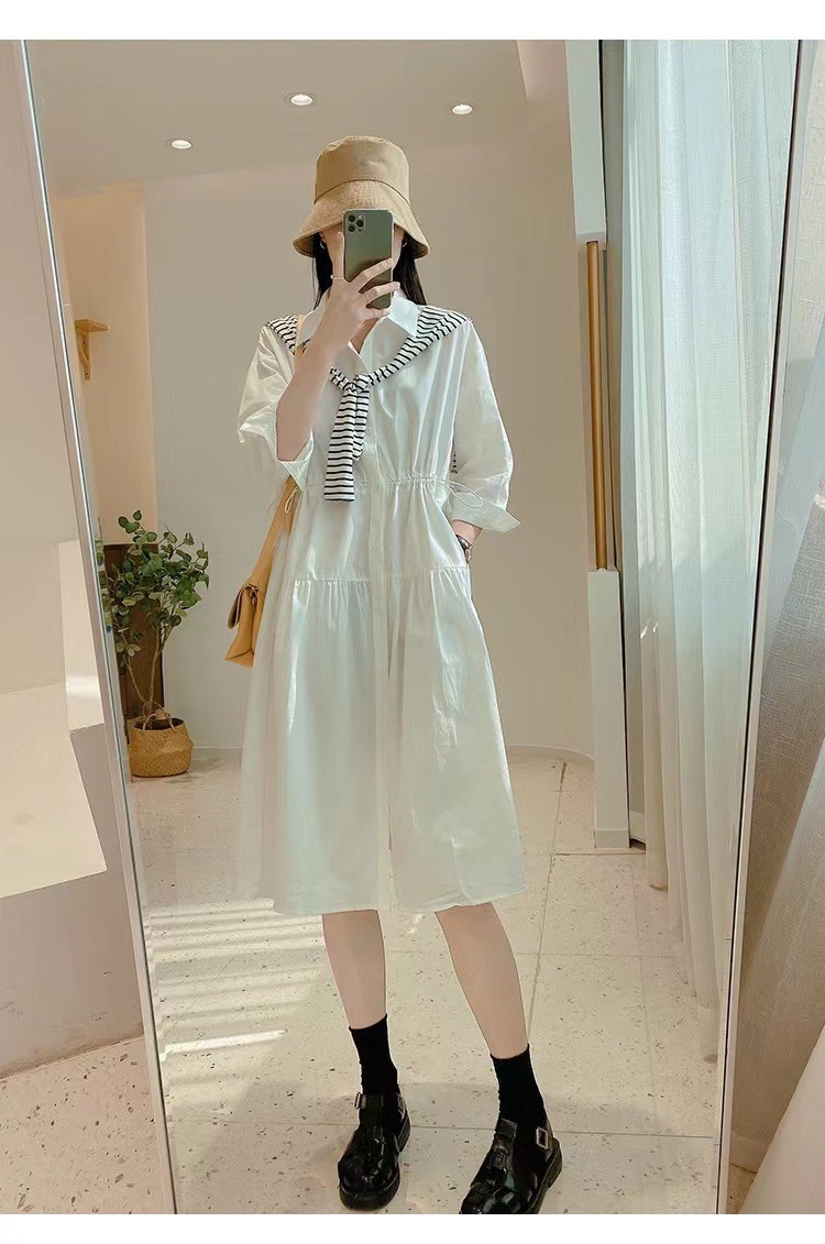 Váy liền áo sơ mi nữ kiểu Pháp cổ điển thiết kế sang trọng mùa hè — Màu xanh lam chi tiết 4