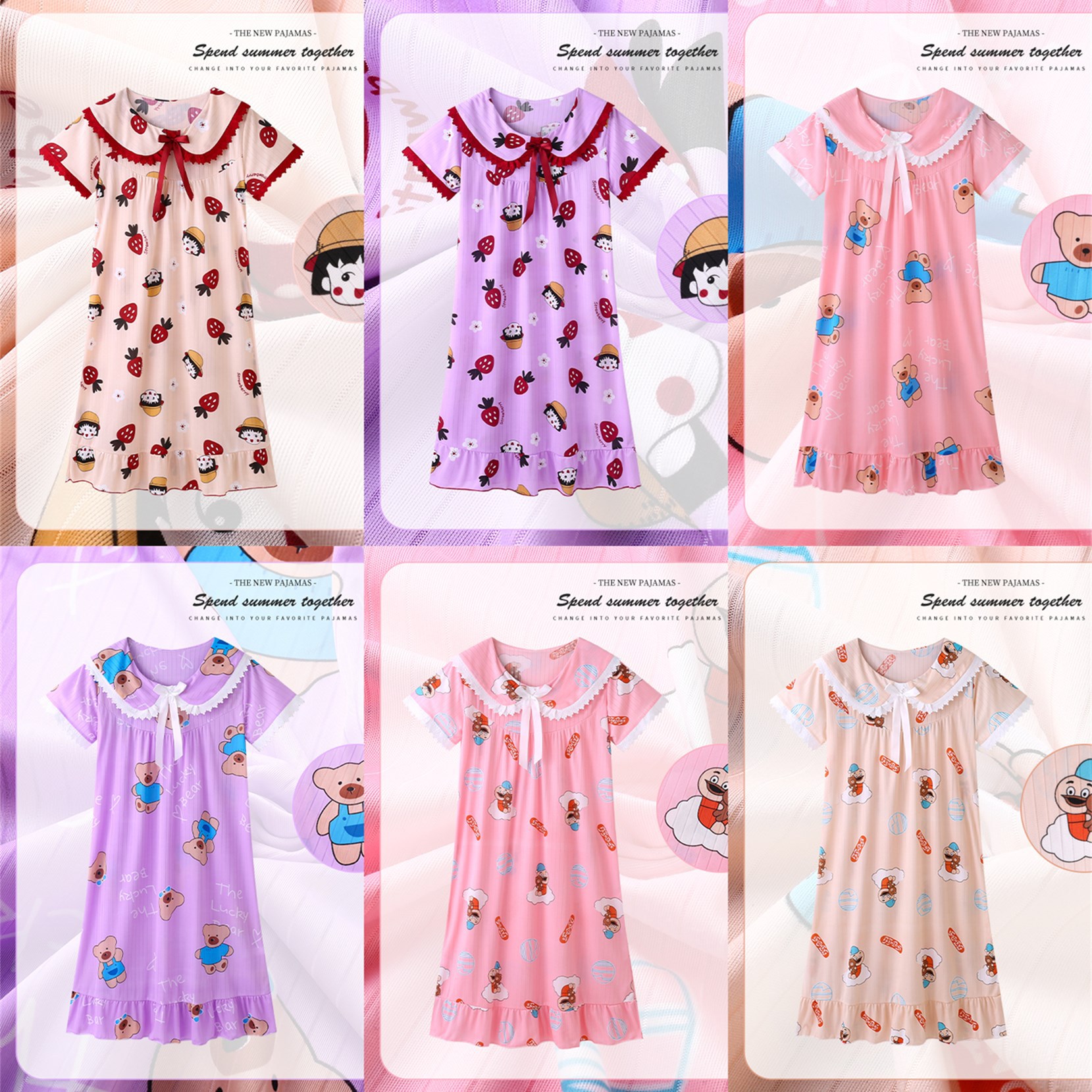Pijama de niñas verano delgado falda de mangas cortas adorable madre e hija princesa viento pijama infantil bebé ropa para el hogar