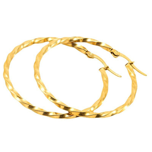 European and American 18K stainless steel personalized round hoop earrings for women, simple titanium steel gold-plated ripple ear hoops with clasp, wholesale
