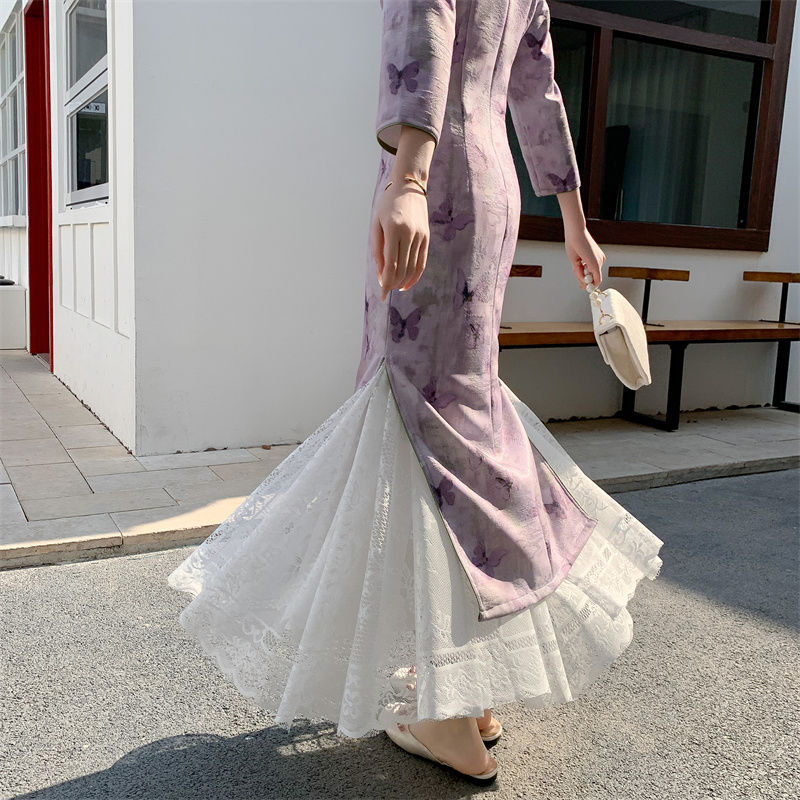 5新旗袍用打底衬裙内搭蕾丝半身裙显瘦中长叠穿大摆裙子