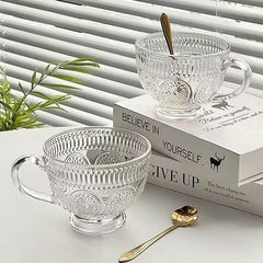 エンバク朝食カップins風復古太陽花レリーフガラスカップ家庭用デザートミルク麦カップ