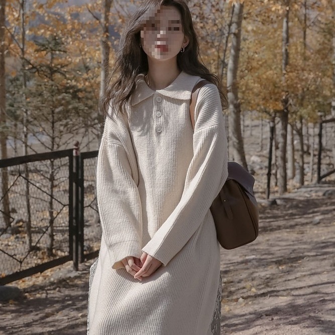 温柔打底针织连衣裙女秋冬法式复古过膝polo领配大衣内搭毛衣长裙
