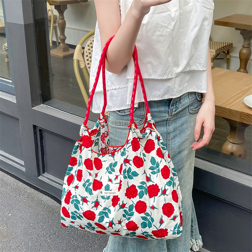 Korean-style summer large capacity hand-held shoulder bag drawstring shopping bag fresh floral tote bag underarm bag cotton bag
