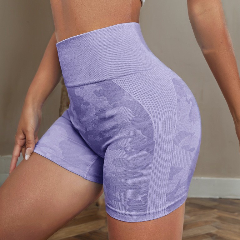 2025 nuevos pantalones cortos de yoga de camuflaje de Amazon europeos y estadounidenses sin costuras, pantalones de gimnasio de alta cadera de gran tamaño