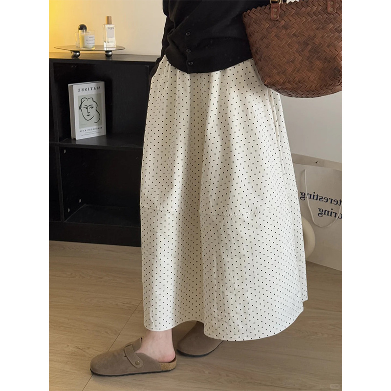 White Polka Dot Skirt, Plus Size Fat mm Slimming Look High Waist Splicing A-Line Skirt, Pear-Shaped Figure Covering the Crotch and Elegant Long Skirt