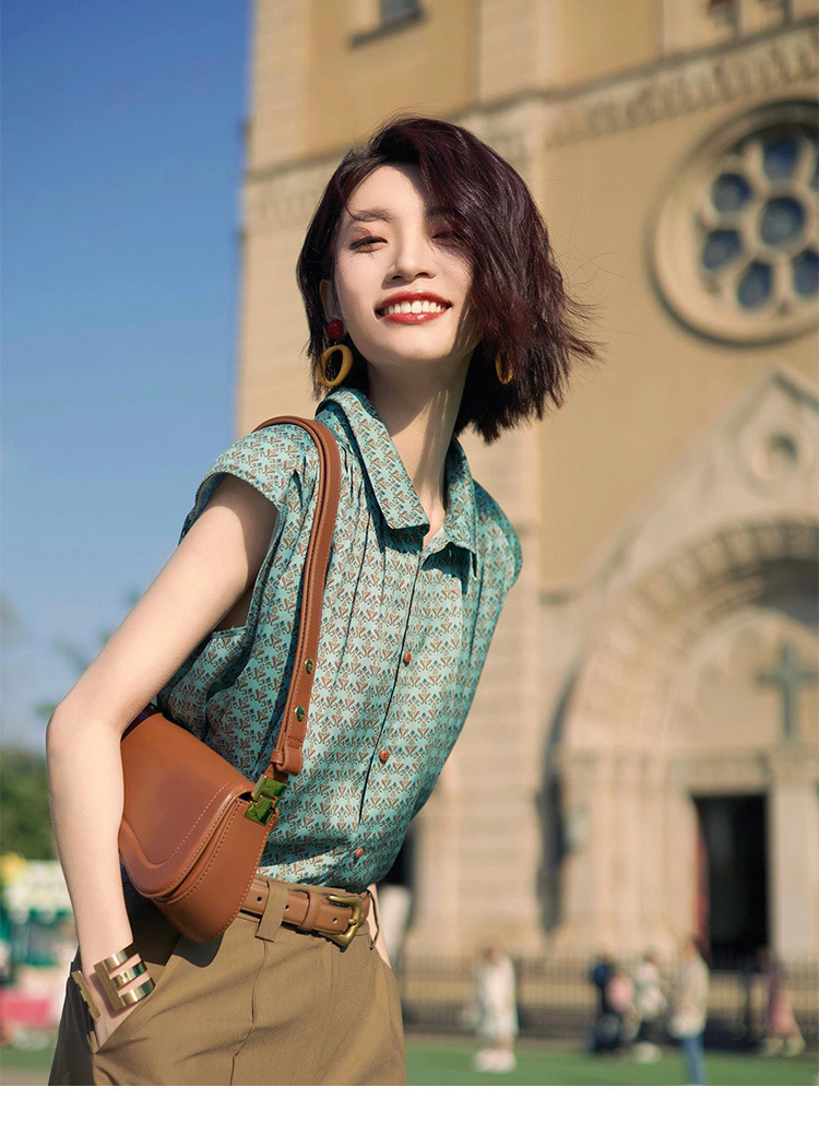 Bộ quần áo không tay kết hợp quần ống ngắn mùa hè thanh lịch — Màu xanh lá, Màu cà phê xanh lục chi tiết 2