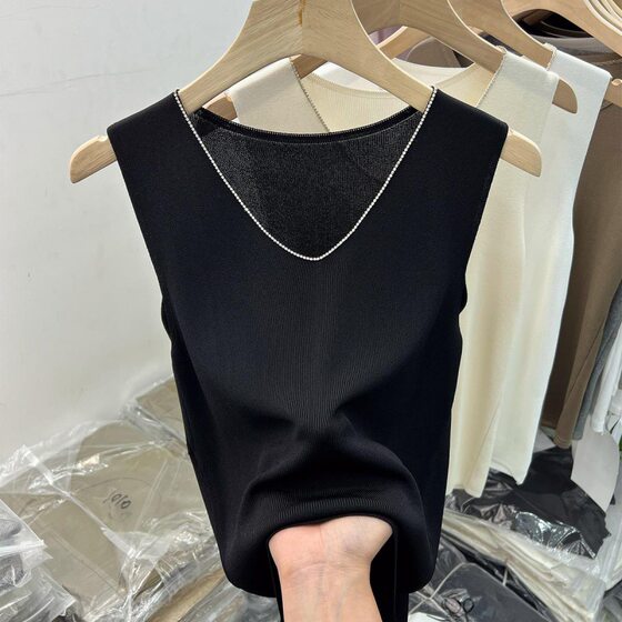 Vest Ice Silk V-neck Sleeveless Vest Sling Solid Color Knitted Top Women's 2024 Summer New Knitted Base Shirt