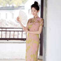 Gushengjiao мода молодой девушки атласный жаккардовой длинный рукав Cheongsam 2025 весна и лето новый тонкий cheongsam
