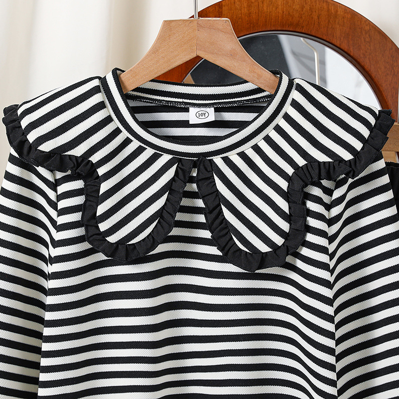 2024 Mädchen Herbst Outfit neue gestreifte Revers Top Langarm Sweatshirt weite Beinhose zweiteiliges Set für mittlere und_voghion.com