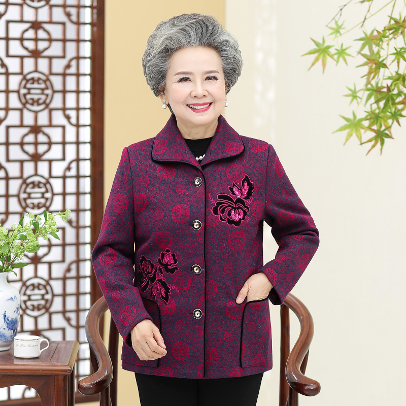 中高年の春秋女性のお母さんの刺繍のコートの60-70歳のおばあさんの冬の服は綿毛のコートのおばあさんの服をプラスします。|undefined