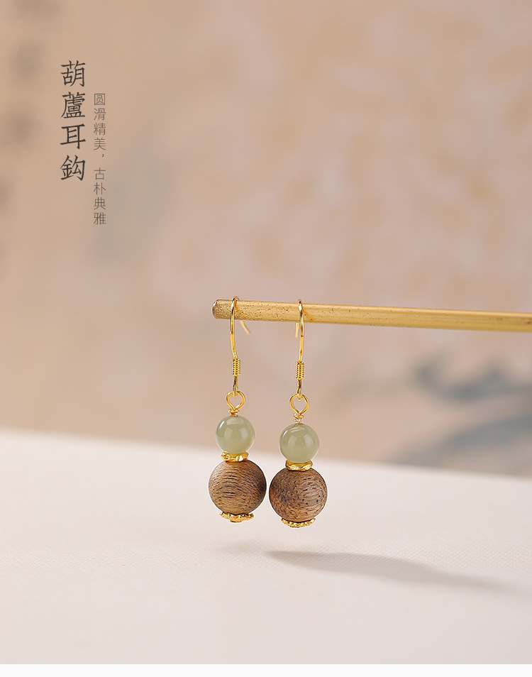 Bông tai dài bạc S925 mạ vàng đính ngọc bích hình hồ lô phong cách tân cổ điển — Một đôi chi tiết 2