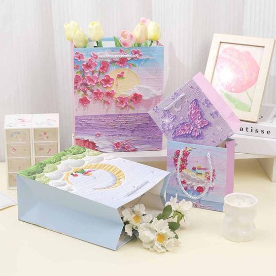 Creative Oil Painting Gift Artistic Handbag Festive Exquisite Birthday Flower bouquet Valentine's Day Gift Paper Bag