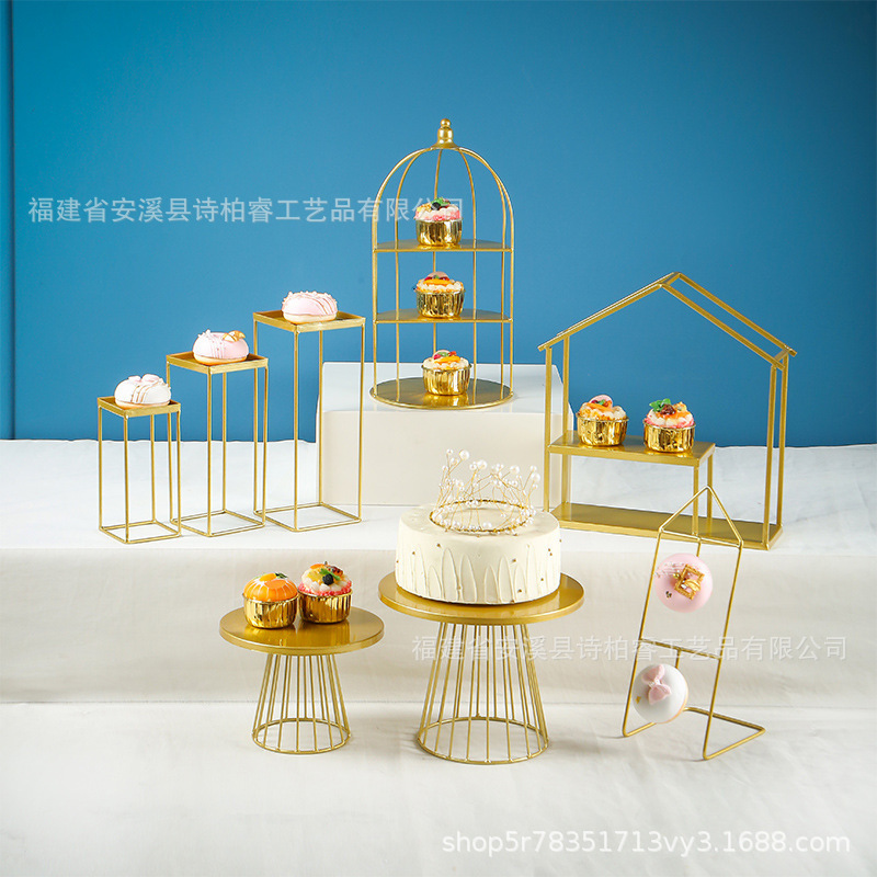 Boda creativa fiesta de cumpleaños buffet mesa de té de la tarde mesa de bebidas frías hierro forjado oro estante de pastel decoración mesa de postres image 29