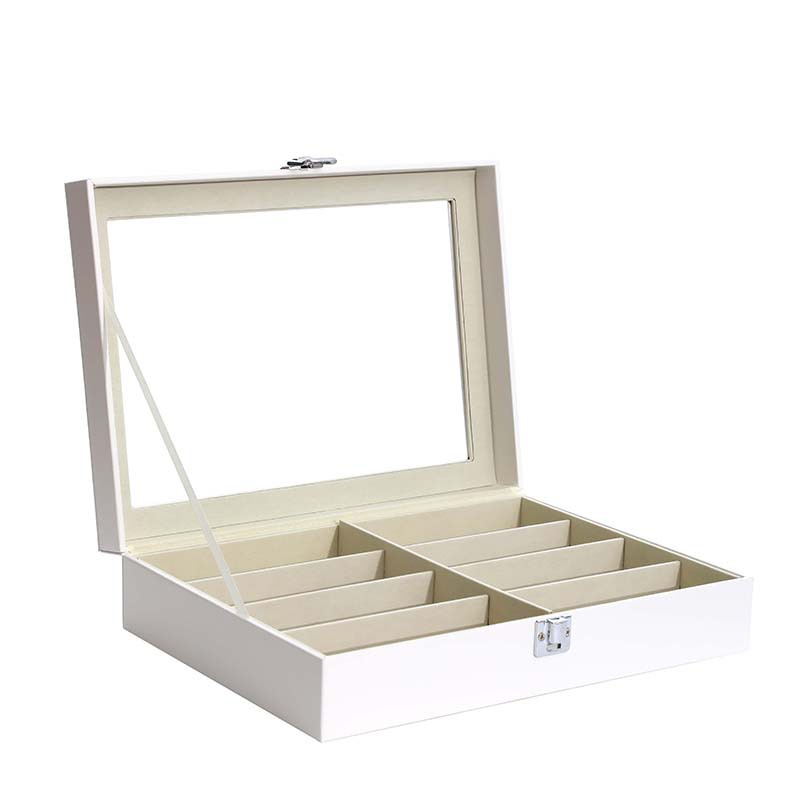 Nuevo producto blanco elegante caja de gafas de cuero de 8 dígitos con cubierta de vidrio caja de visualización de gafas de implantación de plástico para almacenar