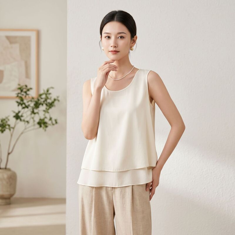 Silk Camisole Women's Inner Wear Summer New Intimates Double Layer Mulberry Silk Outer Wear Large Size Fake Two-Piece Bottoming Shirt