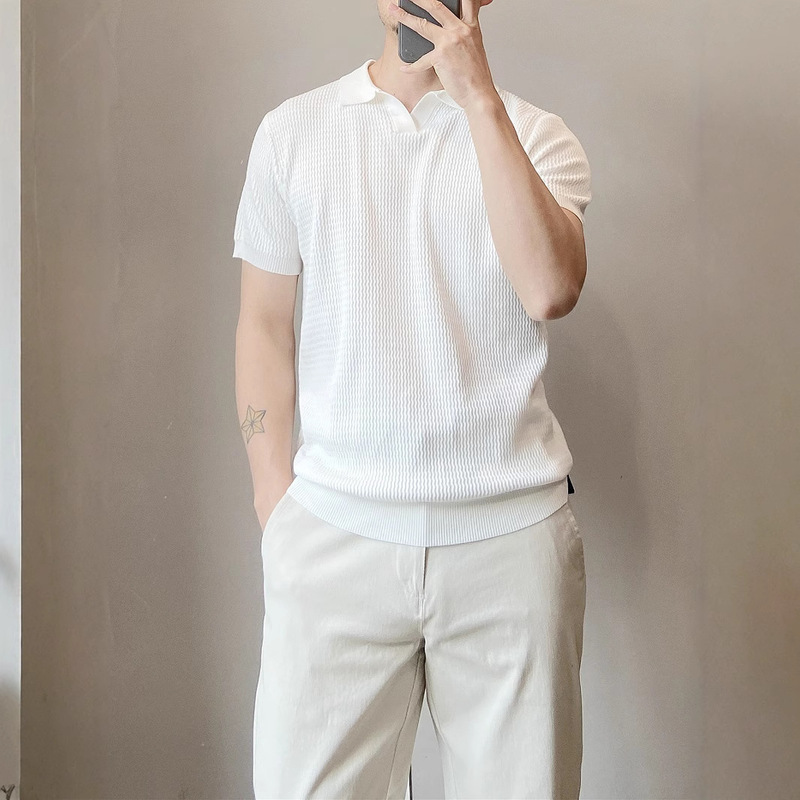 Light Mature Style Pit Strip Knitted Polo Shirt Men's Thin Breathable Slim Fit Short-Sleeved American Muscular Men's Cool Silk Shirt