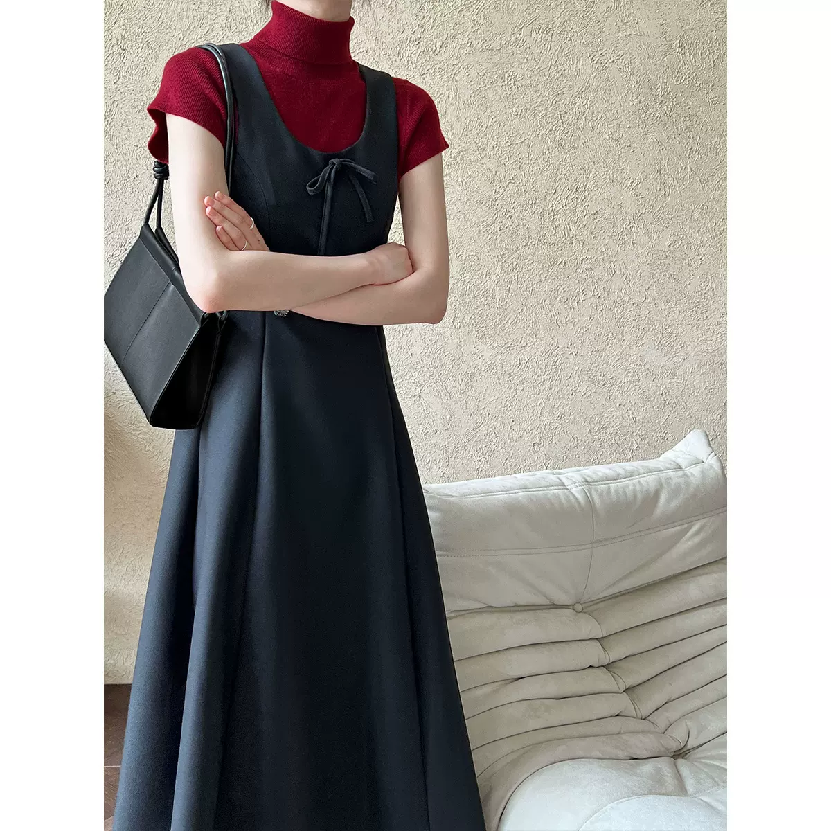鹿西韩系蝴蝶结背心连衣裙女春季新款收腰显瘦可叠穿外搭长裙7039