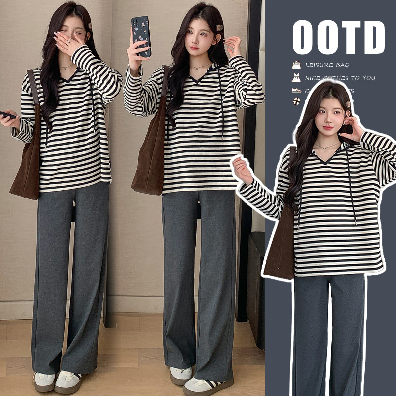 Maternity Wear Autumn Suit Trendy Mom Fashionable Casual Loose Stripesd Hooded Sweatshirt Top Lazy Style Two-Piece Set
