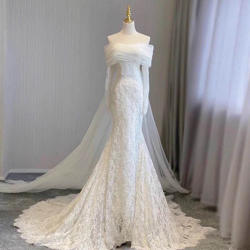 French Satin Light Wedding Dress for the Bride, Simple One-Shoulder Fishtail Main Veil, Super Fairy Going Out Veil, Forest Style Welcome Dress