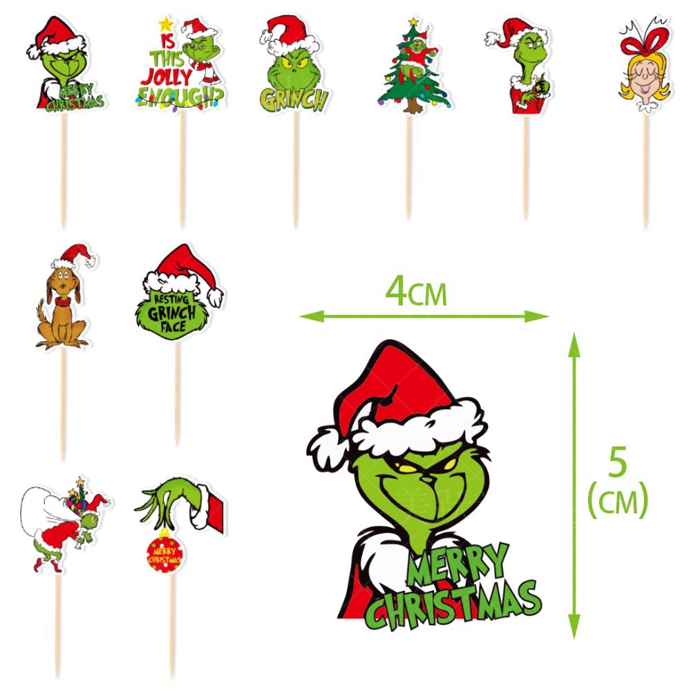Decoración de fiesta de Navidad de Europa y América Grinch multi-capa titular de la torta de piel verde monstruo de inserción de tarjeta de pastel postre decoración de la Mesa