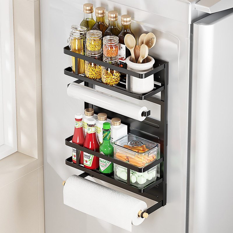 Estante de almacenamiento de absorción magnética de refrigerador sin perforación tipo pared de almacenamiento lateral condimento multifuncional percha de toallas de papel de película conservante