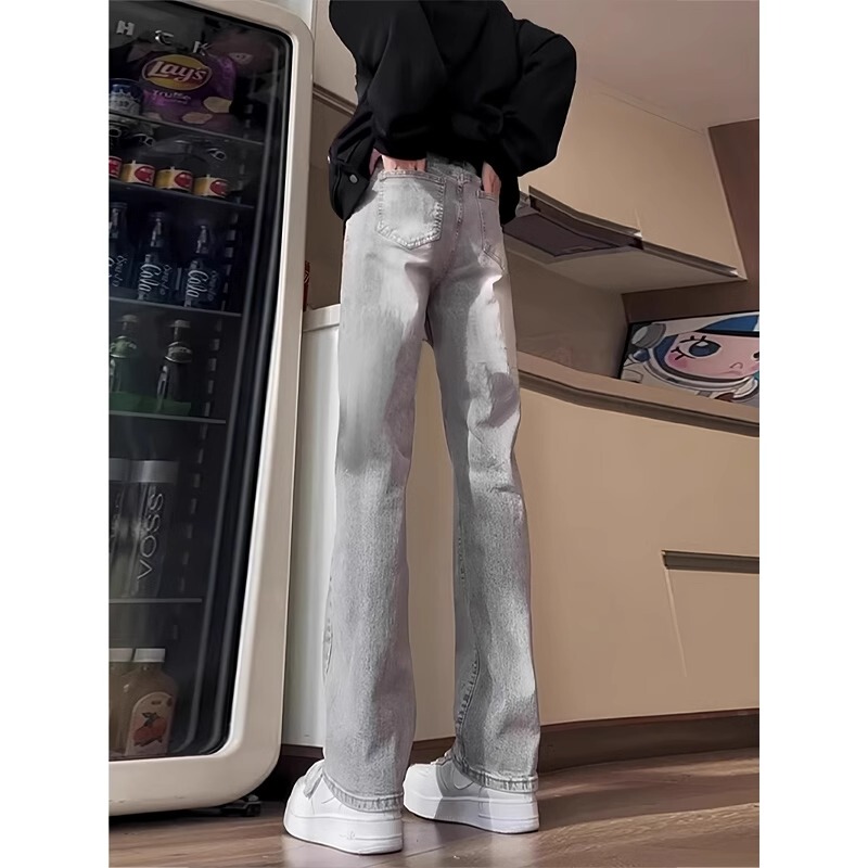 Smoky Gray Flared Jeans for Men, New American High Street Style, Slim Fit, Trendy Straight-Leg Bell-Bottom Pants for Spring and Autumn