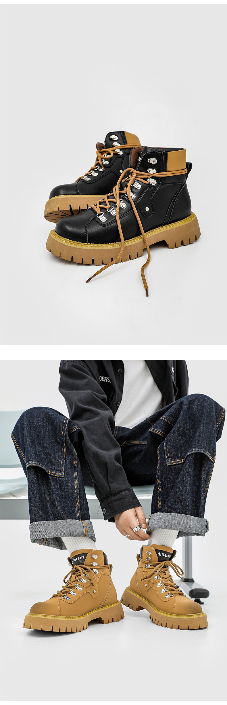 Stivali da motociclista corti e spessi con testa grande, piatti e minimalisti gialli, stile inglese_voghion.com