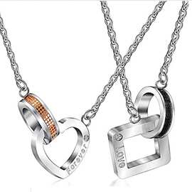 欧美跨境钛钢情侣吊坠时尚几何个性镶钻雕刻英文字母项链一件代发