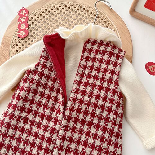 Women's Fleece Lined Dress with Heart Print for Winter, A-Grade Korean Style Baby Girl Thick Plaid Dress, Size AQ077
