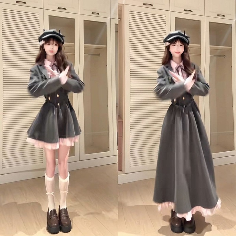 沃茨学院 日系氛围感jk制服甜美学院风外套收腰连衣裙秋季两件套|undefined