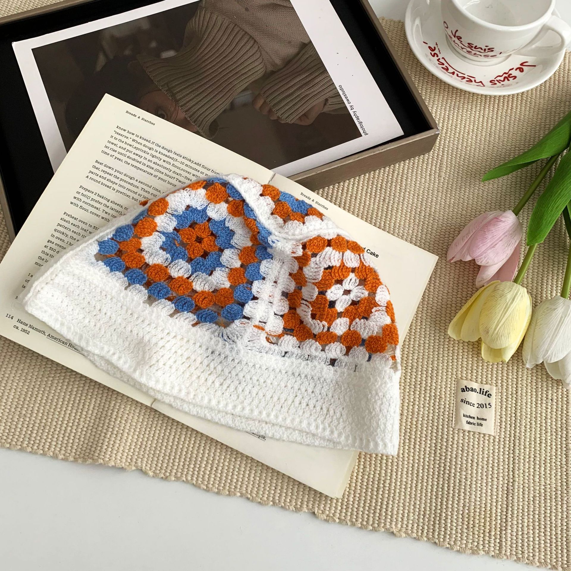 Sombrero de cabeza grande Sombrero de pescador de arte japonés Sombrero plegable de cúpula de flores de punto a juego de color para mujer Sombra de protección solar