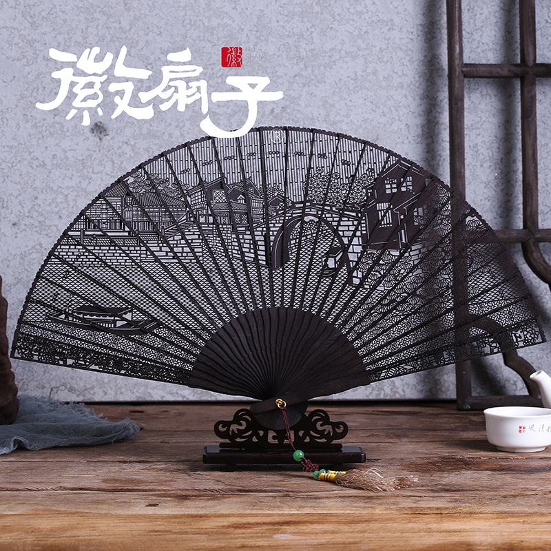 日式汉服折扇中国古风礼品扇绢布折扇折叠二青舞蹈扇