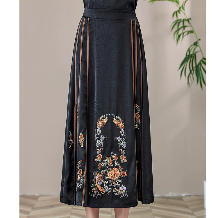 Юбка для мамы в китайском стиле с вышивкой в ​​стиле ретро, ​​новая юбка в китайском стиле с лошадиным лицом, эластичная талия, женская юбка выше колена среднего и пожилого возраста