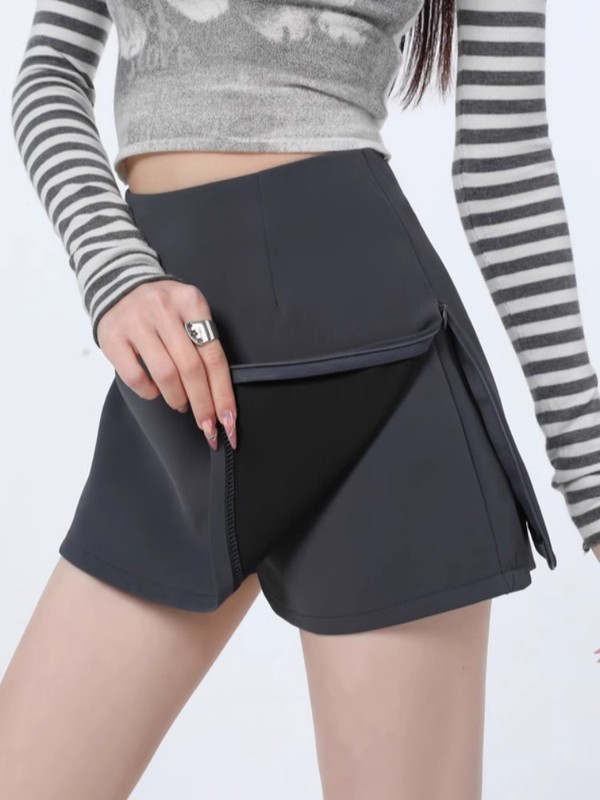 女性用サイドスリットジッパースーツスカート、春のハイウエスト痩身ヒップカバースカート、デザインヒップカバーAラインショートキュロット|undefined