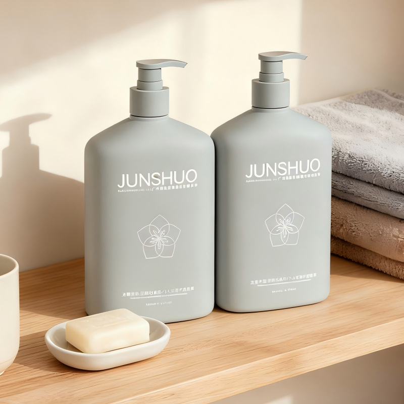 厂家定制灰色扁平500毫升护发素洗发水瓶 PE毛绒料洗护沐浴露瓶