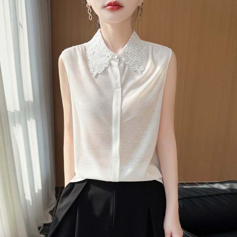 Women's Fine-Spun Polo Collar Knitwear Sleeveless Hollow-Out Crochet Loose Versatile Top Vest 2026 Spring/Summer New Style