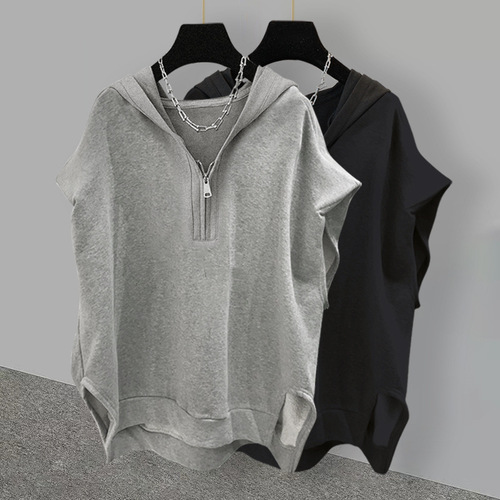 Extra Large Code 300 Pounds Solid Color Zipper Hooded Sleeveless Sweatshirt for Women Autumn Ins Korean Version Loose Backless Top Summer 200