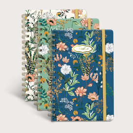 跨境专供A5硬壳螺旋记事本带绑带线圈本横线内页花卉笔记本本子