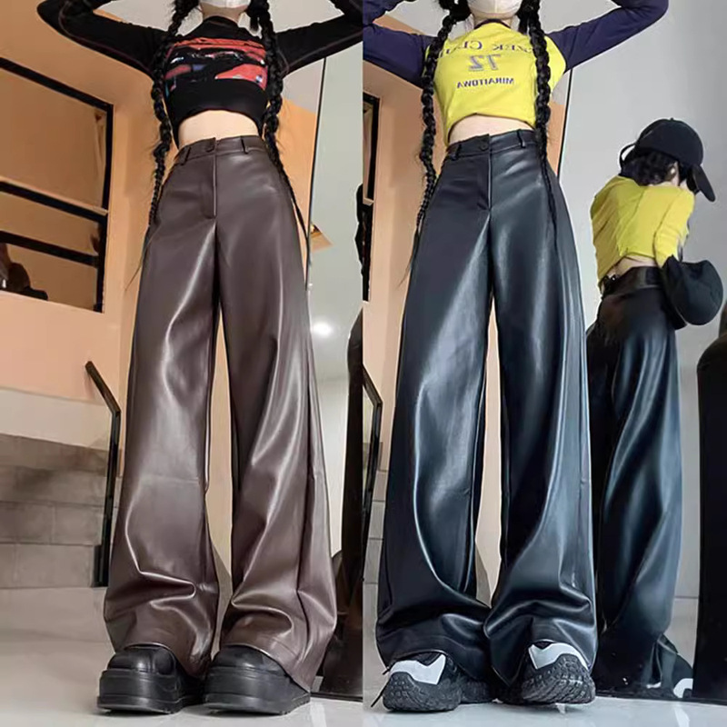 Black High Waist Straight Leather Pants Women's Autumn plus size Chubby Girl Skinny Loose PU Leather Wide Leg Casual Pants
